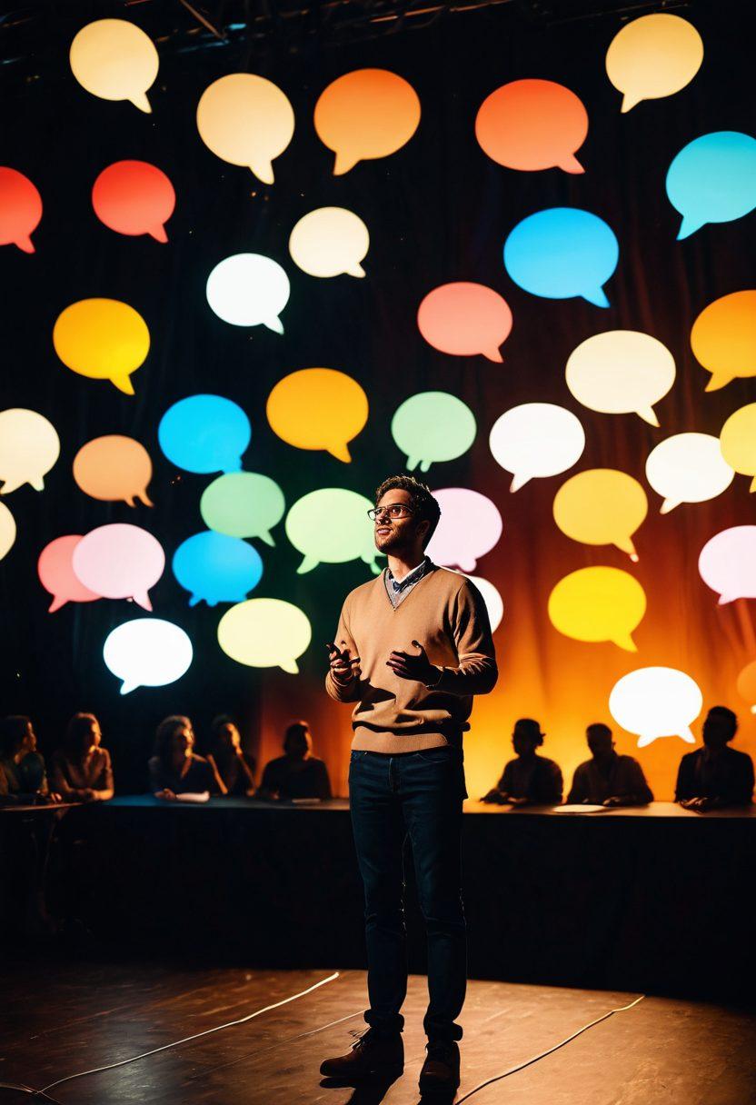 A person standing on a stage, passionately sharing their story with a diverse audience, illuminated by warm lights. In the background, floating speech bubbles represent various personal narratives and experiences. The atmosphere is vibrant and inspiring, encouraging connection and empathy. super-realistic. vibrant colors. warm tones.