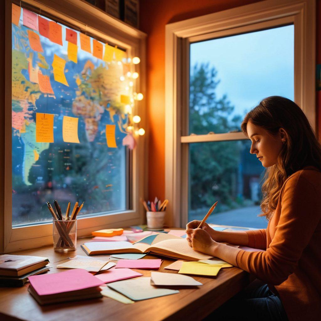 A person sitting at a cozy, well-lit desk, writing in a journal surrounded by colorful post-it notes filled with personal reflections and stories. In the background, a world map adorned with pins connecting different places, symbolizing a journey through the blogosphere. Soft sunlight streams through the window, illuminating the space with a warm glow. The overall atmosphere feels inviting and introspective. vibrant colors. super-realistic.