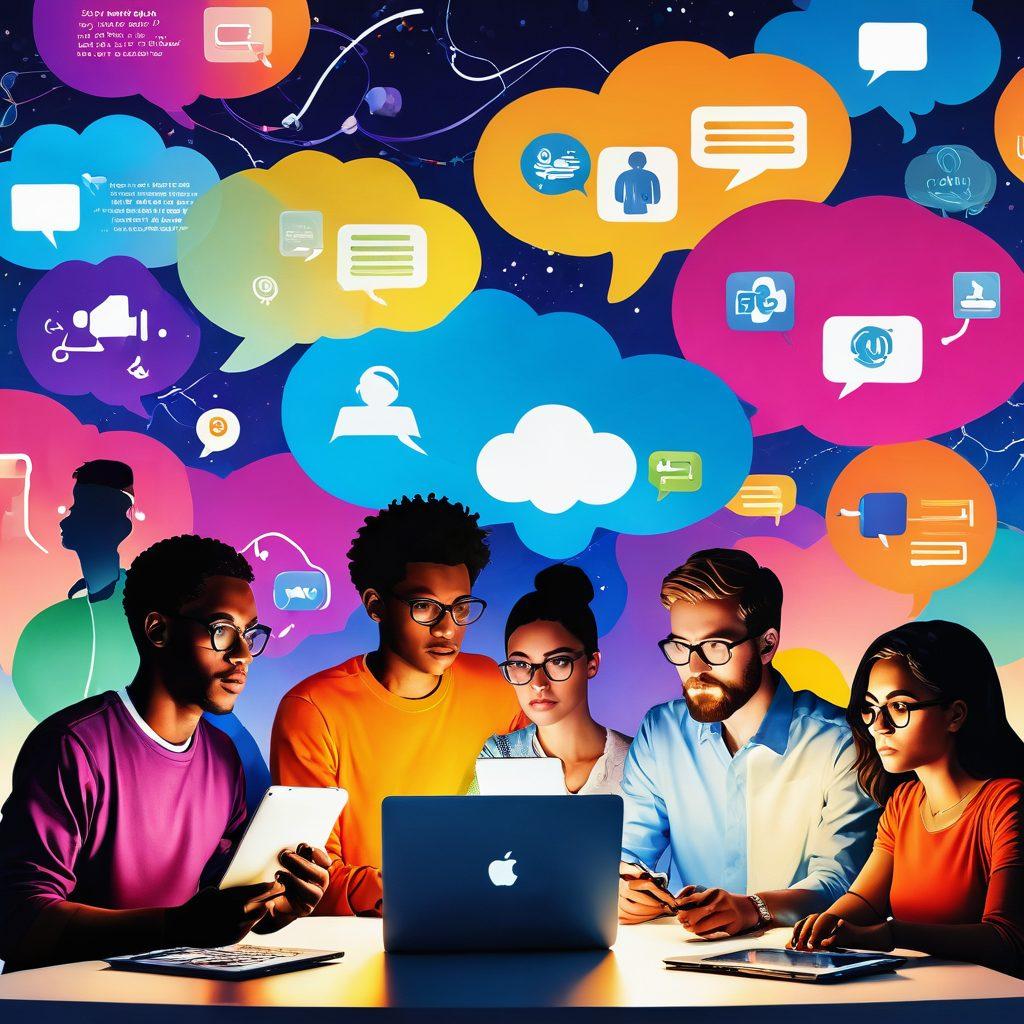 A dynamic scene depicting a vibrant online publishing landscape, showcasing a diverse group of individuals sharing personal narratives through various devices like smartphones and laptops. Include thought bubbles with snippets of their stories swirling around them, while a soft light illuminates their faces, symbolizing thought leadership. The background features elements of social media icons and digital connectivity. super-realistic. vibrant colors. 3D.